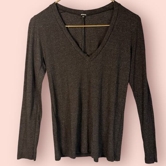 Monrow Textured Tri-Blend Fitted Long Sleeve V Neck Tee T-Shirt Medium Gray - Picture 1 of 5